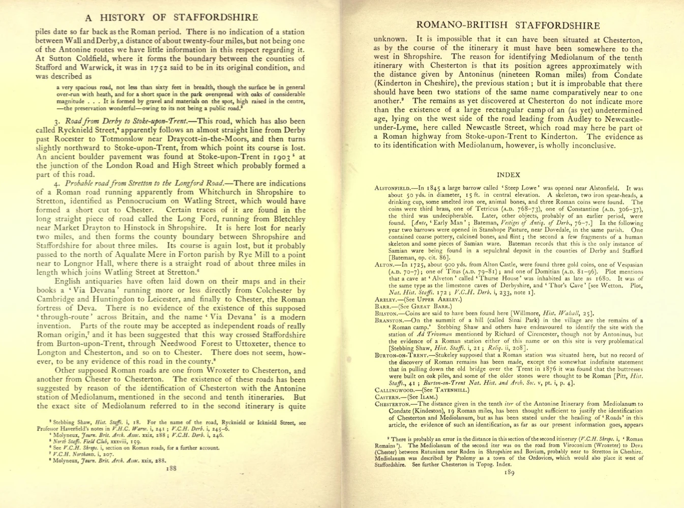 A two-page spread from A History of Staffordshire — Romano-British Staffordshire and its index — digitised for the Waystone corpus