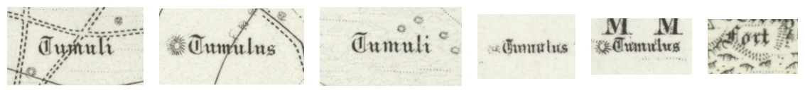 Six small crops from Ordnance Survey sheets in a row, each a place name engraved in a heavy angular blackletter hand